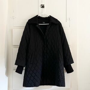 EILEEN FISHER Long Diamond Quilted Jacket with Wool Trim in Black Size Medium